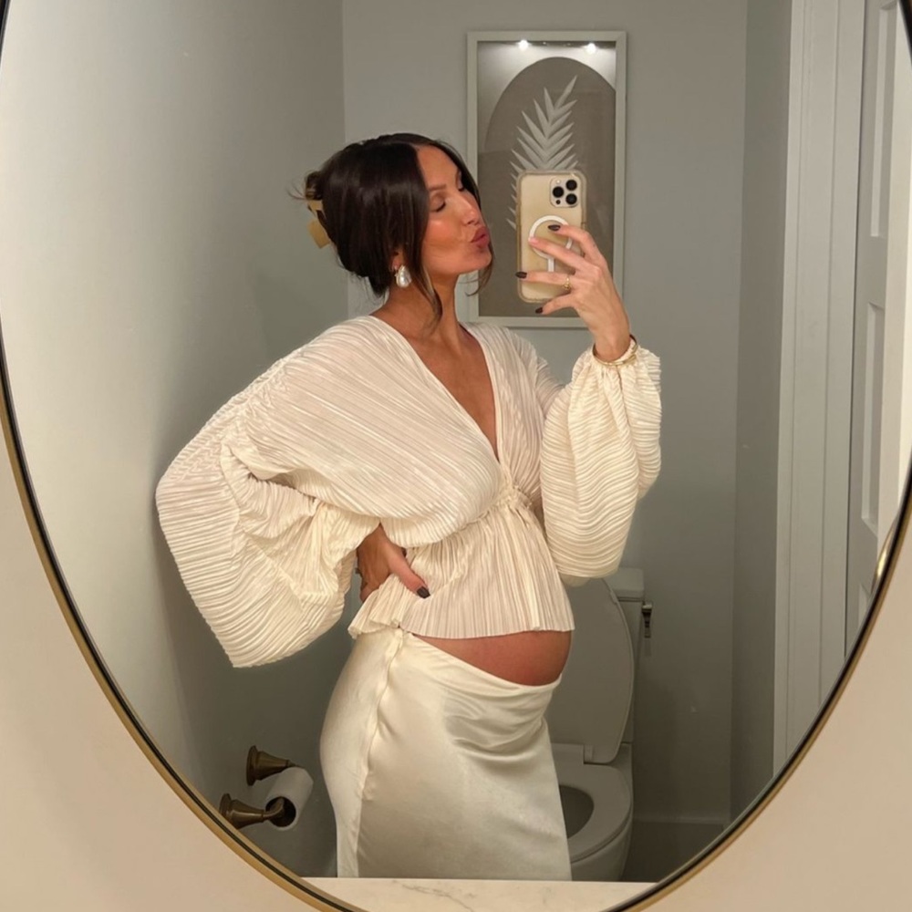 Lulus Radiant Flirt Ivory Satin Plisse Long Sleeve Top White - Size S
